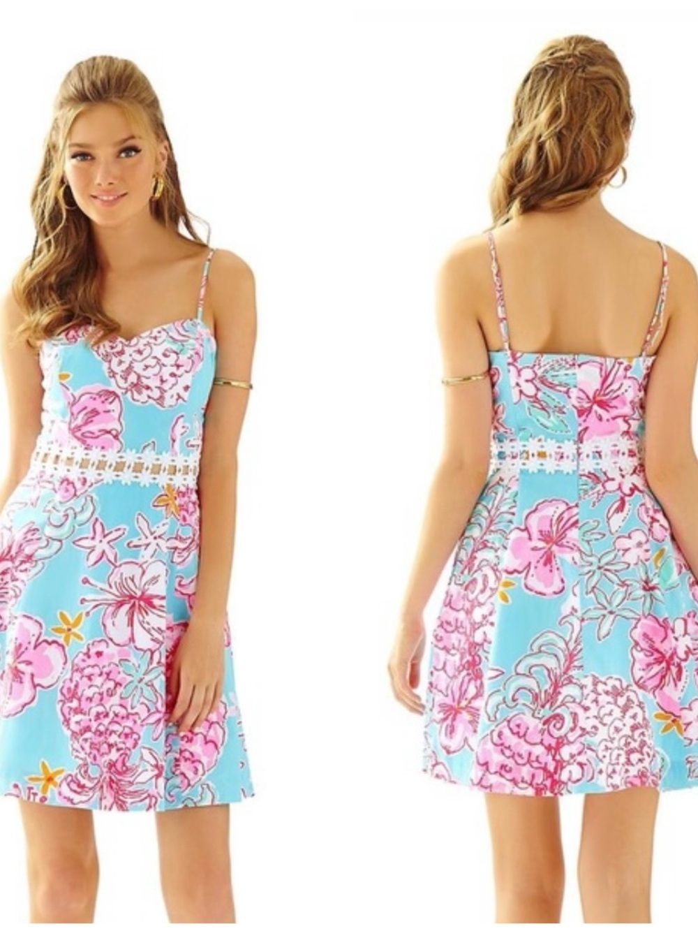 Lilly Pulitzer Lenore Fit and Flare Mini Floral Dress Sunglow Breakwater Blue 12